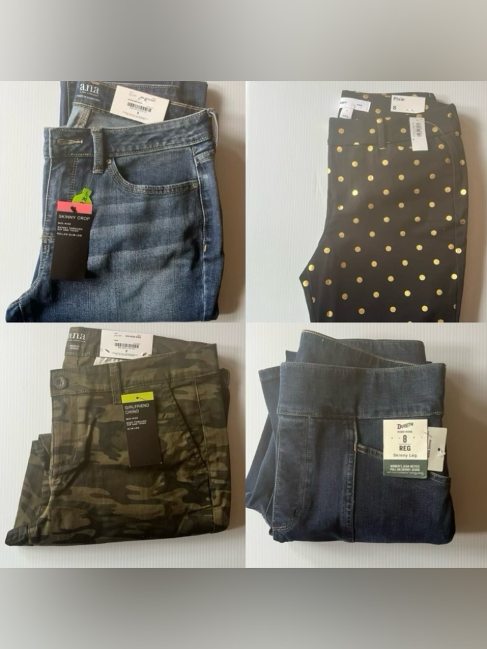 NWT Lot of 4 Women's Jeans Pant Denim Camo  & Black Gold A.N.A, Duluth, Old Navy